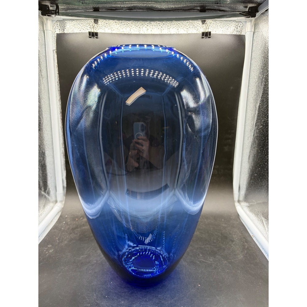 Cobalt Blue‎ Hand Blown Art Glass Teardrop Vase Polished Pontil 13.5 Inch